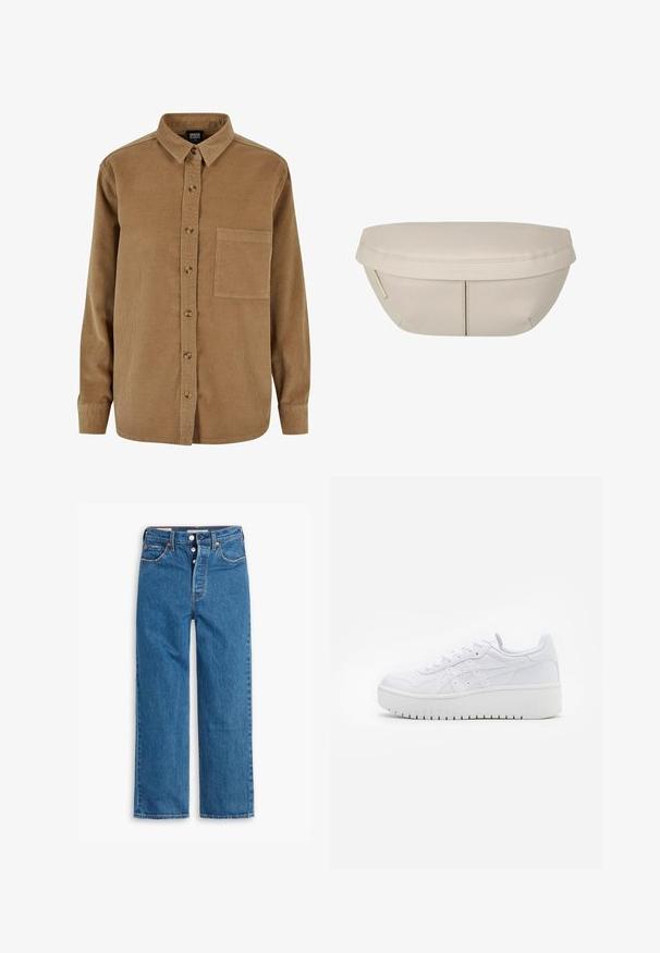 Camicia in velluto a coste marrone con apertura a bottone, colletto a punta, maniche lunghe e taschino sul petto. Presenta una sottile texture verticale e bottoni marroni.; Jeans in denim blu con gamba dritta e vita alta, design a cinque tasche e chiusura con bottoni. Cuciture evidenti e rivetti di tonalità rame.; Sneaker piattaforma bianche con texture in pelle liscia, dettagli perforati e lacci piatti; presenta una robusta suola in gomma bianca.; Pochette in tessuto beige dalla forma arrotondata, con parte superiore piatta e dettagli di cucitura sottili. Include un logo minimalista e una strap laterale.