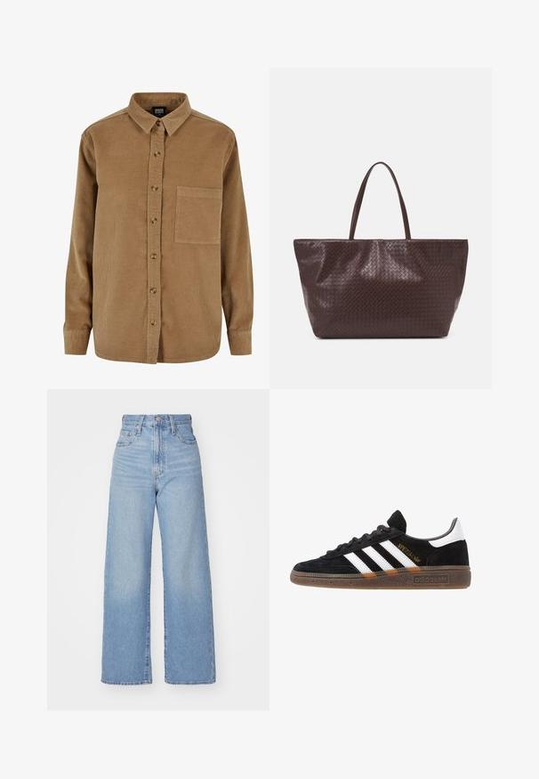 Bruin corduroy shirt met een knoopsluiting aan de voorkant, puntige kraag, lange mouwen en een borstzak. Bevat subtiele verticale textuur en bruine knopen.; Lichtblauwe high-waist wijde jeans met een knoop- en ritssluiting aan de voorkant, voor- en achterzakken, op een witte achtergrond.; Zwarte Adidas sneaker met witte strepen, gouden "Spezial" tekst, gumzool en witte hieltab, weergegeven in zijaanzicht.; Bruine gevlochten leren tote bag met twee handvatten, een gestructureerde vorm en een getextureerd oppervlak, met een diamantpatroon overal.