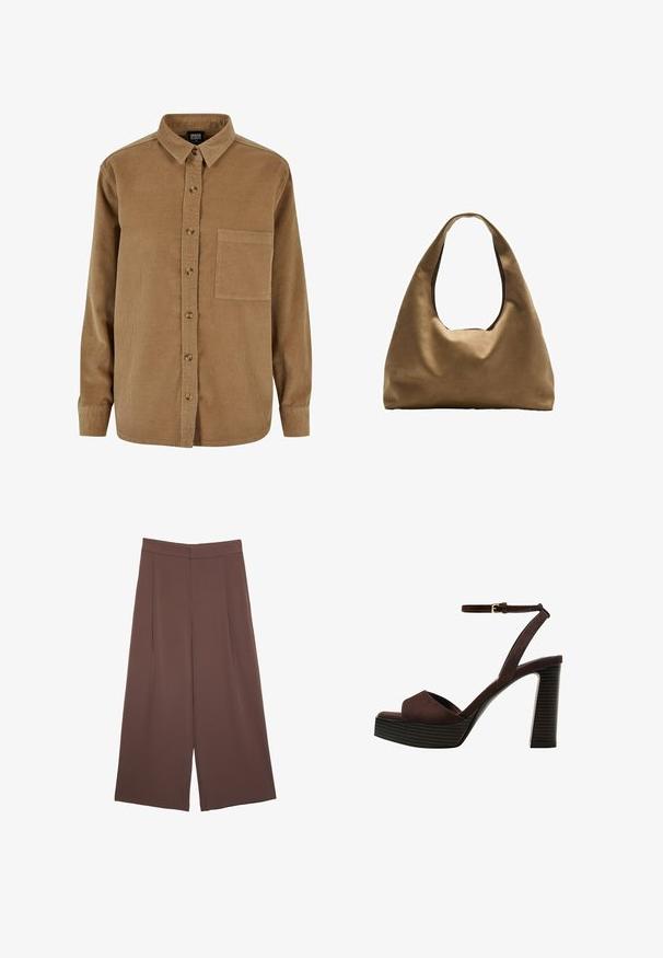 Ruskea samettipaita, jossa on napituksen etuosa, terävä kaulus, pitkät hihat ja rintatasku. Ominaisuuksina hienovarainen pystyrakenne ja ruskeat napit.; Ruskeat leveälahkeiset housut, joissa on sileä pinta, korkea vyötärö ja etupleat. Kangas on kevyttä ja laskeutuu väljänä.; Ruske kožne sandale s visokom potpeticom, otvorenim prstima, podesivim kopčanjem oko gležnja i prugastim platformskim đonom.; Ruskea kangaskassi, jossa on leveä, pyöristetty muoto ja suuri leikattu kahva. Pehmeä pinta, minimalistinen muotoilu ja ei näkyvää metalliosaa.