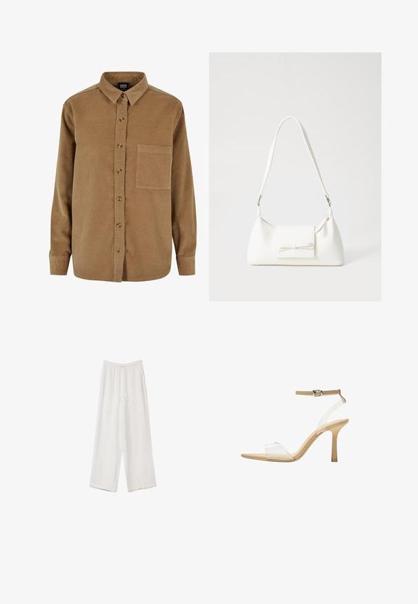 Smeđi korduroy košulja s dugmadi sprijeda, šiljastim kragnom, dugim rukavima i džepom na prsima. Ima suptilnu vertikalnu teksturu i smeđa dugmad.; Bijele hlače širokih nogavica napravljene od lagane tkanine. Imaju elastičan pojas s ušicom i bočne džepove. Glatka tekstura.; Sandal s prozirnim potplatom i prozirnim gornjim dijelom, bež uloškom i tankim remenom oko gležnja. Ima špicasti vrh i tanak visoki potplat.; Bijela sintetička torbica s trokutastim oblikom, ravnim prednjim poklopcem i detaljem u obliku mašne, podesivom remenom, glatkom teksturom i minimalističkim dizajnom.
