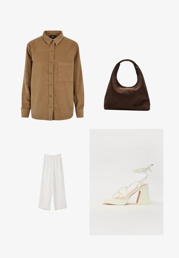 Brun fløjlsskjorte med knaplukning foran, spidse kraver, lange ærmer og en brystlomme. Har en subtil vertikal tekstur og brune knapper.; Hvide bukser med bred benlængde lavet af et letvægtsstof. Har et elastisk talje med snor og sidelommer. Glat tekstur.; Hvide højhælede sandaler med en kraftig hæl, der har et stropdesign og ankelbinding. Glat tekstur med en platform foran for ekstra højde.; Blød brun hobo-stil håndtaske med en enkelt bred strop og en buet åbning på toppen, vist på en hvid baggrund.