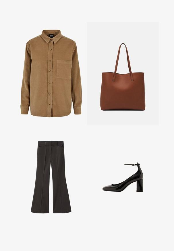 Camicia in velluto a coste marrone con apertura a bottone, colletto a punta, maniche lunghe e taschino sul petto. Presenta una sottile texture verticale e bottoni marroni.; Pantaloni neri a zampa d'elefante con vita alta; presentano due tasche frontali e una texture del tessuto liscia. Adatti per varie occasioni.; Décolleté neri in vernice con cinturino alla caviglia, finitura lucida, punta affusolata e tacco a blocco spesso. Texture liscia, dettagli minimi.; Borsa tote in pelle marrone con texture liscia, design con apertura superiore e due spallacci. Presenta cuciture minime e nessun hardware visibile.