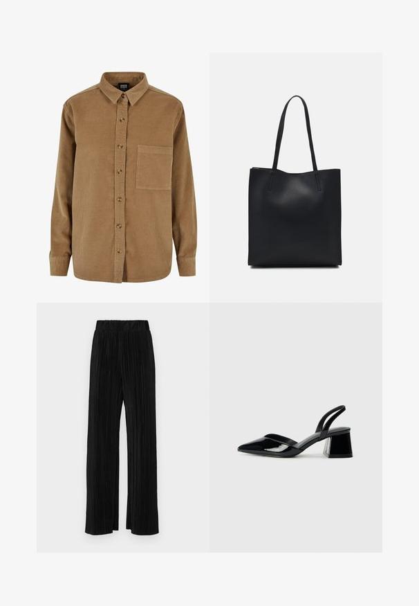 Hnedá manžetová košeľa z kordové látky s gombíkovým zapínaním, špicatým golierom, dlhými rukávmi a náprsníkom. Má jemnú vertikálnu textúru a hnedé gombíky.; Čierne plisované nohavice s elastickým pásom. Majú široké nohavice a hladkú, textúrovanú látku s vertikálnymi pruhmi.; Čierne lakované kožené sandálové podpätky s špicatou špičkou a geometrickým blokovým podpätkom. Disponujú elegantným, minimalistickým dizajnom a hladkým povrchom.; Čierna kožená taška na rameno s hladkým povrchom, obdĺžnikovým tvarom a dvoma dlhými uchami. Bez viditeľného kovania alebo ozdôb.