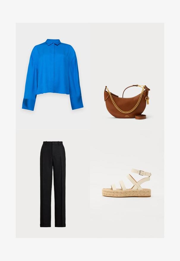 Blusa corta in tessuto blu brillante con colletto, apertura a bottoni e maniche lunghe. Texture liscia e vestibilità rilassata.; Pantaloni neri a vita alta in lino. Presentano una gamba dritta, pieghe pressate e risvolti all'orlo. Nessuna tasca o chiusura visibile.; Sandalo espadrille in pelle beige chiaro con quattro cinghie incrociate e fibbia alla caviglia, dotato di una suola piatta in gomma e di una zeppa in juta intrecciata.; Borsa a mano in pelle marrone con un design curvo, tracolla in catena dorata, tasca interna e tracolla rimovibile. Presenta cuciture a contrasto.