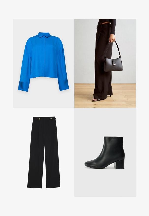 Korte blouse in helderblauwe stof met een gekraagde hals, knopen aan de voorkant en lange mouwen. Nette textuur en relaxte pasvorm.; Zwarte wijde broek met hoge taille, knoopdetails op de tailleband en plooien aan de voorkant.; Zwarte leren enkellaarzen met een spitse neus en een chunky hak. Gladde textuur met minimale accenten en een slank, strakk ontwerp.; Zwarte handtas met gestructureerde vorm, gladde textuur en een metalen sluiting. Gecombineerd met brede zwarte broeken en sandalen met open teen op een houten vloer.