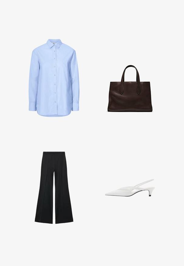 Helles blaues Button-up-Hemd aus Baumwolle, mit klassischem Kragen, langen Ärmeln und einem leicht abgerundeten Saum. Glatte Textur ohne Muster.; Schwarze weit geschnittene Hose mit glatter Textur, ausgestattet mit Frontfalten und einem taillierten Design. Der Stoff ist leicht und fließend.; Weißer Slingback-Absatzschuh mit spitzer Zehenpartie, featuring ein glattes Obermaterial, subtile Ausschnitte und einen niedrigen Blockabsatz. Die schwarze Sohle betont das Design.; Braune Ledertasche mit zwei langen Griffen, strukturierte rechteckige Form, glatte Textur und dezente Nähdetails.