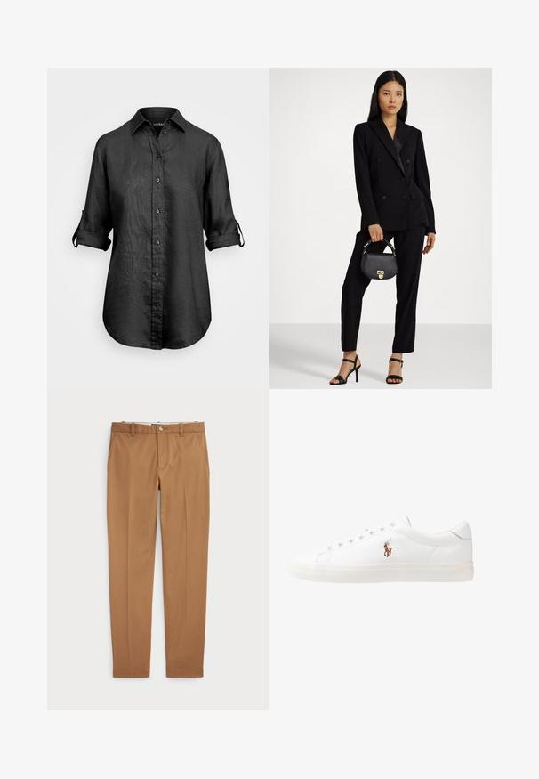 Lauren Ralph Lauren TISSUE LINEN SHIRT - Button-down blouse - black; Brown cotton trousers with a slim-fit design, flat front, and standard pockets; smooth texture and hemmed cuffs.; White leather sneakers, low-top design, featuring a smooth texture, round toe, laced front, and a small embroidered logo on the side.; Black double-breasted blazer with matching trousers. Smooth fabric, structured design, and a fitted silhouette. Holds a small black handbag.