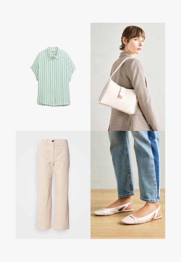 Lichtgroen en wit gestreept korter sleeve shirt met een knoopsluiting aan de voorkant en een puntige kraag. Heeft een ontspannen pasvorm en een zachte structuur.; Beige corduroy broek met rechte benen, voorkant met knoopsluiting en zijzakken, zichtbaar op een witte achtergrond.; Zachtroze slingback ballerina's met een spitse neus, gemaakt van een glad leerachtig materiaal. Bevat uitsnijdingen aan de zijkanten en heeft een platte hak.; Witte leren handtas met een gestructureerd ontwerp, voorzien van een magneetsluiting en een schouderriem, tentoongesteld tegen een neutrale achtergrond.