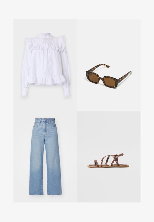 White blouse featuring ruffled collar and sleeves, long sleeves with elastic cuffs, and a gathered hemline for a relaxed fit.; Light blue high-waist wide-leg jeans with front button and zip closure, front and back pockets, on a white background.; Brown leather sandals with multiple crisscross straps, accented by gold studs, flat sole, and minimalist design.; Tortoiseshell sunglasses with a rounded, chunky frame and brown lenses. Features subtle patterns and straight, tapered arms.; Tan suede handbag with two long handles, rectangular shape, and decorative stitching. Features a side strap and subtle gold hardware accents.