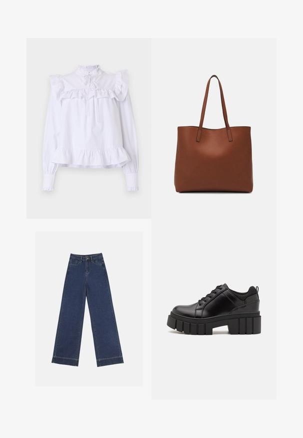 White blouse featuring ruffled collar and sleeves, long sleeves with elastic cuffs, and a gathered hemline for a relaxed fit.; Wide-leg jeans in dark blue denim. Features five pockets, belt loops, and a raw hem at the bottom with visible stitching details.; Black leather platform shoes with a chunky block heel, round toe, and traditional lace-up design. Features smooth texture and minimal detailing.; Brown leather tote bag with a smooth texture, open top design, and two shoulder straps. Features minimal stitching and no visible hardware.