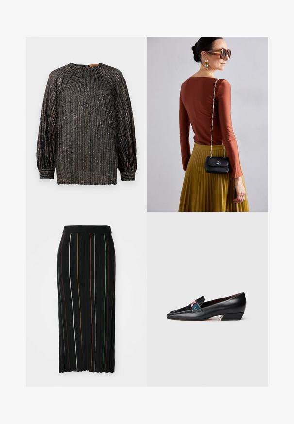 Mustmustriibuline must pluus metallkiududega, pikkade varrukatega, kõrge kaelusega ja elastsete mansettidega. Omab vertikaalseid riba ja tekstureeritud pinda.; Mustard, sametega mustri, musta plisseeritud seelik, millel on vertikaalsed triibud kollases, oranžis, punases, rohelises ja valges. Omab sobivat vöökohta ja veidi ebaühtlast allääret.; Musthave mustaga musta nahast madala kontsaga loafer, terava ninaga ja värviliselt mustritatud rihmaga valgel taustal.; Vivienne Westwood SMALL PURSE CHAIN - Ülerinna-kott - black