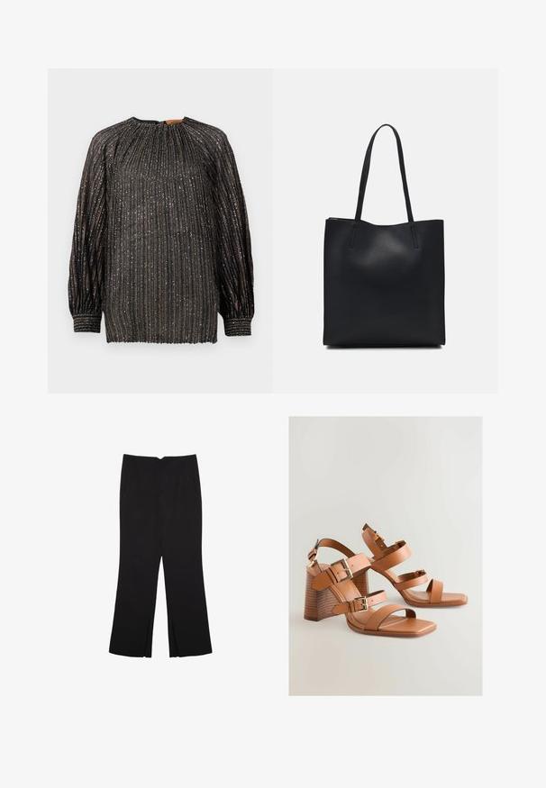 Črna naberana bluza z metalnimi nitmi, dolgi rokavi, visok ovratnik in elastični manšeti. Ima vertikalne črte in teksturiran zaključek.; Črne hlače ravnega kroja z naglavnimi žepi in stranskimi razporki na robu. Narejene iz mehke, gladke tkanine. Primerne za različne priložnosti.; Rjave usnjene sandale s visokimi petami, več trakovi, zlate kovinske dodatke in nagnjeno blok peto. Gladka tekstura, dizajn z odprto konico.; Črna usnjena torba s svilnato teksturo, pravokotne oblike in dvema dolgima ročajema. Brez vidnih metalnih delov ali okrasnih elementov.