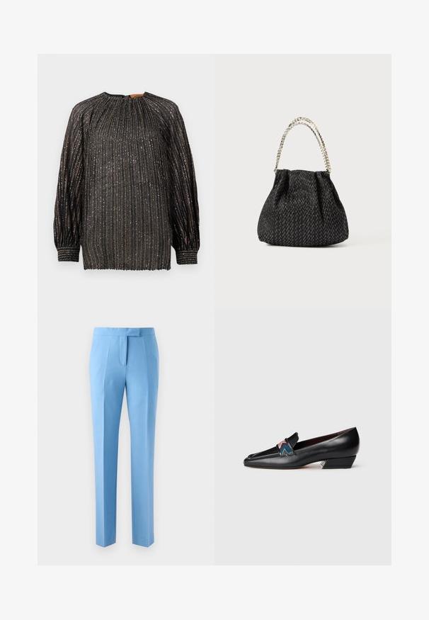 Juoda klostuota palaidinė su metaliniais siūlais, ilgomis rankovėmis, aukšta apykakle ir elastingomis rankovių gumomis. Palaidinė turi vertikalias juosteles ir tekstūruotą paviršių.; Šviesiai mėlyni kelnes su pritaikytu kirpimu, turinčios lygų priekį, šonines kišenes ir švelnų paviršių. Sukurtos su švaria, modernaus silueto išvaizda.; Juodų odinių batų su žema pakulne, smailiu nosiu ir spalvingomis raštuotomis detalėmis juostelėje, nuotrauka ant baltos fono.; Juodas tekstūruotas rankinukas su zigzago raštu, supintomis detalių ir metaline grandinės rankena. Minkšta medžiaga suteikia elegantišką išvaizdą.