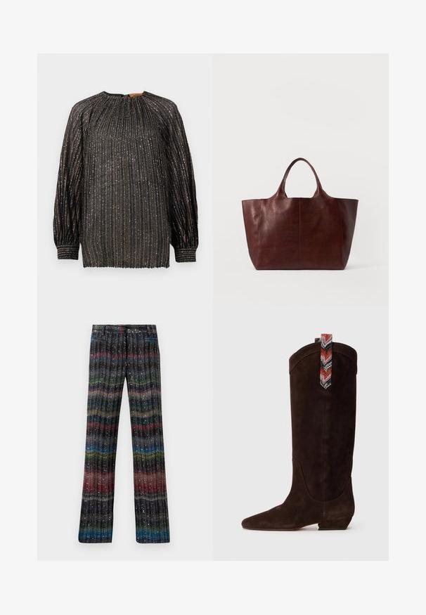 Mustmustriibuline must pluus metallkiududega, pikkade varrukatega, kõrge kaelusega ja elastsete mansettidega. Omab vertikaalseid riba ja tekstureeritud pinda.; Mitmevärvilised, sädelevad laiad püksid, millel on vertikaalne triibumuster mustades, punastes, rohelistes, sinistes ja kuldsetes toonides. Elastne vöökoht.; Pruunist seemisulgedega põlvekõrgused saapad, millel on terav nina ja madal plokkkselg. Tagaküljel on mustriline mitmevärviline tõmblukk.; Pruun nahast kott, millel on sile tekstuur, lai keha ja kaks lühikest käepidet. Omab minimaalset õmblust, nähtavate metallosade või dekoratiivsete elementideta.