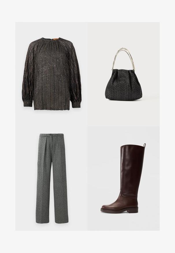 Schwarze plissierte Bluse mit metallischen Fäden, langen Ärmeln, hohem Kragen und elastischen Bündchen. Sie hat vertikale Streifen und eine strukturierte Oberfläche.; Graue hochtaillierte Weitbeine-Hosen mit Falten an der Vorderseite, einem Knopfverschluss und einer strukturierten Stoffoberfläche.; Braune Leder-Knöchelschuhe mit glatter Oberfläche, runder Zehenpartie, niedrigem Blockabsatz und einfacher Nahtverarbeitung entlang des Schafts.; Schwarze strukturierte Handtasche mit Fischgrätmuster, gerafftem Design und einem Metallkettengriff. Weicher Stoff sorgt für ein elegantes Aussehen.