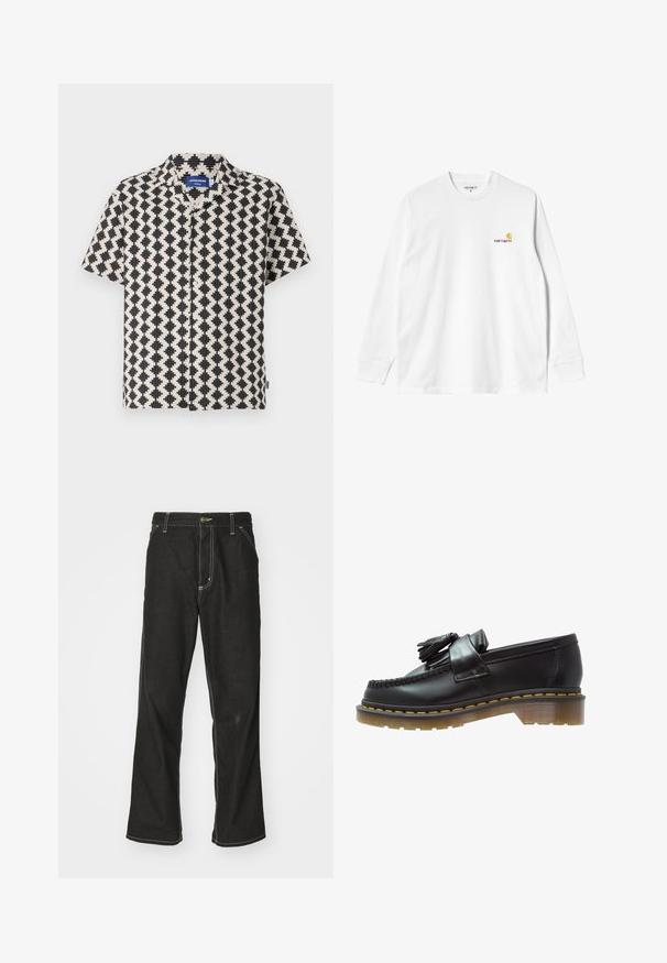 Krāšņs īsām piedurknēm krekls ar krēmkrāsas un melnā ģeometriskā raksta dizainu. Iezīmēta ar apkakles izgriezumu un priekšējo pogu aizdari. Izgatavots no viegla materiāla.; Gari garām piedurknēm balts kokvilnas T-krekls ar apaļu kakla izgriezumu, ar nelielu dzeltenu un bordo logotipu kreisajā krūtī. Bezšuvju aproces un apakšmala.; Melni džinsi ar brīvu piegriezumu, ar kontrastējošu baltu diegu, pogu aizdari un taisnu kāju dizainu.; Melni ādas loafers ar teksturētu apdari, ar dekoratīvu pušķi un kontrastējošām dzeltenām šuvēm, uz masīvas caurspīdīgas zoles.