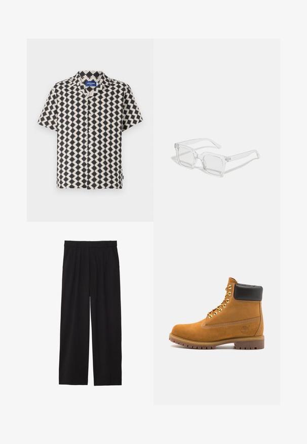 Rövid ujjú ing krém és fekete geometriai mintával. Készletében elöl gombos záródás és galléros nyak. Könnyű anyagból készült.; Fekete, bőszárú nadrág, pliszírozott elülső résszel, oldalsó zsebekkel és sima szövettextúrával. Lazább, kényelmes szabású.; Barna velúr bokacipő fekete párnázott gallérral, arany fém fűzőlyukakkal, fehér varrási részletekkel és durva gumitalppal, amelynek kifejezett barázdái vannak.; Átlátszó, téglalap alakú napszemüveg, vastag műanyag kerettel, enyhén tónusozott lencsékkel, kiegészítő minták vagy díszítések nélkül.; Öt ezüst gyűrűből álló szett, különböző mintákkal: lánc mintázat, sima sáv, pöttyös sáv és nyitott munkával díszített részletek.
