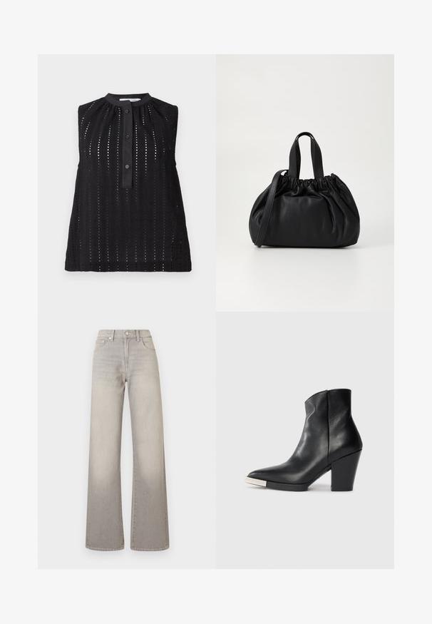 Zwarte mouwloze top met een hoge halslijn, voorzien van verticale uitsparingen, een knoopsluiting en een licht uitlopende zoom.; Grijze wijde jeans met een vervaagde afwerking, knoopsluiting, vijfzakkenontwerp en gestikte details langs de naden.; Zwarte leren enkelboot met een spitse neus, hoge blokhak en zilveren teendopdetail. Glad oppervlak en eenvoudig ontwerp.; Zwarte leren handtas met een geplooid ontwerp aan de bovenkant, voorzien van twee korte handvatten en een lange verstelbare schouderband. Gladde textuur, ronde vorm.