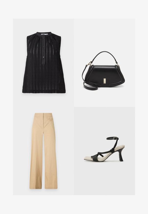 Must mustriba top kõrge kaelusega, vertikaalsete lõigetega, nööpide rivi ja veidi laieneva alaküljega.; Beige laiad sääred püksid, mis on valmistatud puuvilla segakangast. Omavad siledat tekstuuri, elastset vöökohta ja külgmist nööbiga detaili.; Mustad musta kontsaga sandaal, millel on punutud rihma disain, ruudukujuline varvas ja reguleeritav pahkluu rihm. Heleda beeži värvi jalapadi ja läikiv must konts.; Must mustrist käekott, millel on struktureeritud disain, lühendatud kuju, ülemine käepide ja kuldne metallist detail. Reguleeritav õlalihm on kaasas.