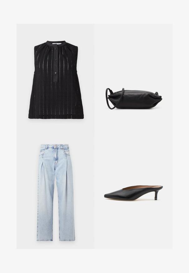 Svart ermelløs topp med høy hals, med vertikale utskjæringer, knappestolpe og lett utsvingt hem.; Lyseblå denimjeans med høy livlinje, vide ben, to sidelommer og plisserte detaljer. Myk tekstur med en falmet finish.; Sorte lærmules med spiss tå og lav, blokkert hæl. Glatt tekstur med et elegant design. Åpen bak med minimal detaljering.; Svart lær clutchveske med rektangulær form, glatt tekstur, tynn skulderstropp og minimalistisk design.