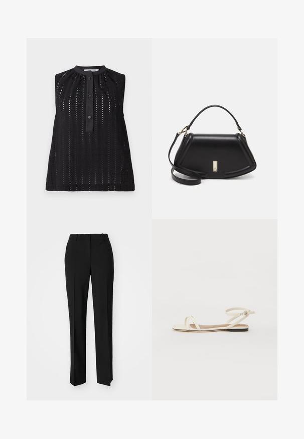 Sort ærmeløs top med høj halsudskæring, prydet med vertikale udskæringer, en knaplukning og en let svinget kant.; Sorte skræddersyede bukser med lige ben-design, der har en glat tekstur og skarpe folder langs fronten. Ingen synlige hardware.; Flade sandaler i creme læder med tynde krydsende stropper, ankelrem med spænde, minimalistisk design og en kontrastfyldt sort sål.; Sort læderhåndtaske med en struktureret design, der har en kortet form, tophåndtag og guld hardware-accenter. Justerbar skulderrem inkluderet.