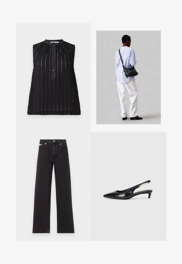 Top senza maniche nero con collo alto, caratterizzato da ritagli verticali, una chiusura con bottoni e un orlo leggermente svasato.; Jeans neri a gamba larga in denim, con vita alta, styling a cinque tasche e chiusura con bottone metallico e cuciture a contrasto.; Tacchi slingback in pelle nera con punta affusolata, caratterizzati da un tacco alto e un accento dorato sulla cinghia regolabile. Texture liscia.; Borsa a tracolla in pelle nera con una texture morbida, forma triangolare e tracolla regolabile, abbinata a una camicia a righe blu chiaro e pantaloni bianchi.