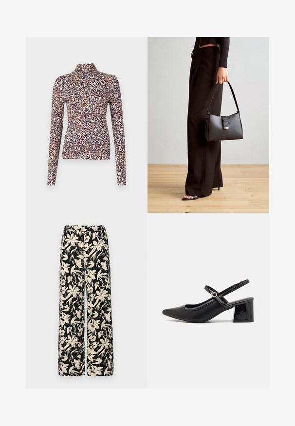 Blusa de manga longa com gola alta, feita de tecido elástico com um padrão de print leopardo em rosa, castanho e azul-marinho.; Calças largas pretas com um padrão floral creme. Feitas de um tecido leve, apresentando uma textura suave e uma cintura alta.; Sabrinas de cerâmica preta com salto bloco, bico apontado e um design com recortes arredondados. Apresenta um detalhe em fivela de tom dourado.; Bolsa preta com forma estruturada, textura suave e um fecho metálico. Combinada com calças largas pretas e sandálias de salto aberto sobre um chão de madeira.