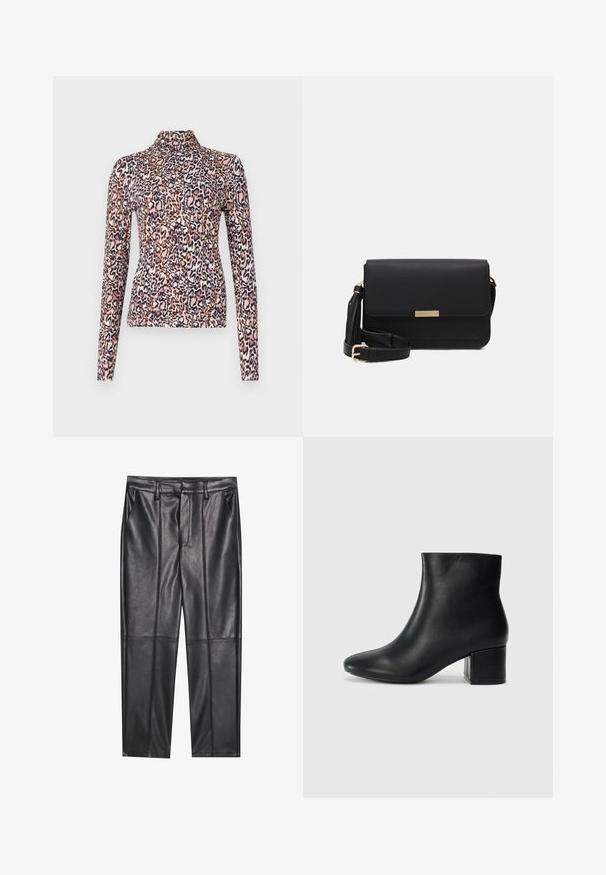 Pikendatud varrukatega topp kõrge kaelusega, valmistatud venivast kangast, millel on roosa, pruun ja tumesinine leopardimuster.; Mustad nahkpüksid sileda tekstuuriga, sirge lõikega, kahe eesmine taskuga ja nähtavate õmblusteta.; Mustad nahast pahkluu saapad terava varbaga ja jämeda kandaga. Sile tekstuur minimaalse aktsentidega ja stiilne, lihvitud disain.; Mustmust nahkkotasku klapiga, kuldsete detailidega, reguleeritava rihmaga ja tekstureeritud pinnaga. Kompaktne ristkülikukujuline kuju.