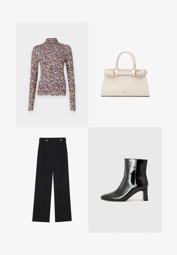 Langermet topp med høy hals, laget av stretchy stoff med et mønster av leopardprint i rosa, brun og marineblå.; Svart vide bukser med høy midje, knappdetaljer på midjebåndet og frontplisser.; Sorte patentlær ankle boot med spiss tå og en mellomhøy blokkhelt. Glatt tekstur og minimalistisk design.; Strukturert handbag i kremfarget kunstlær med gullfarget maskinvare. Har doble hanke på toppen og en spenneaksent foran.