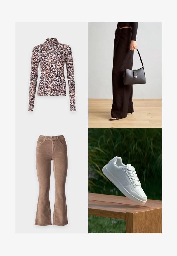 Langärmliges Oberteil mit hohem Kragen, aus dehnbarem Stoff mit einem Leopardenmuster in Rosa, Braun und Marineblau.; Braune Corduroy Schlaghose mit gerippter Textur, hohe Taille, fünf Taschen und Knopfverschluss vorne.; Weiße Sneaker mit einem glatten, synthetischen Obermaterial, perforierter Zehenbox, flachen Schnürsenkeln und einer strukturierten Sohle, präsentiert auf einer Holzoberfläche.; Schwarze Handtasche mit strukturierter Form, glatter Textur und einem metallischen Verschluss. Kombiniert mit weiten schwarzen Hosen und offenen Sandalen auf einem Holzboden.