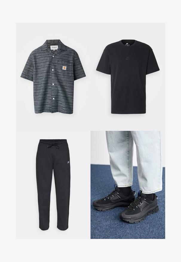 Camicia a maniche corte con bottoni di colore grigio scuro, caratterizzata da un motivo a righe, con taschino sul petto e patch del logo Carhartt.; T-shirt in cotone nero della Nike con collo rotondo classico, maniche corte e un logo in rilievo discreto sul petto. Texture liscia.; Pantaloni della tuta neri realizzati in tessuto morbido con vita elastica, coulisse e un piccolo logo Nike sulla coscia sinistra.; Scarpe sportive nere con tessuto testurizzato e suole in gomma, dotate di lacci elastici e un accento blu sul tallone. Indossate con pantaloni in denim chiaro.