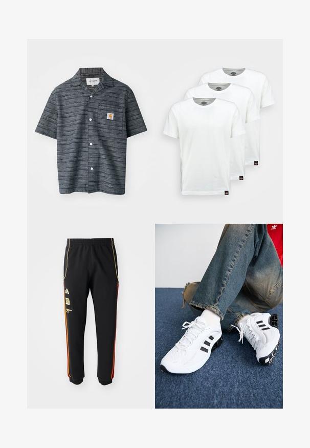 Kortærmet skjorte med knapper i mørkegrå farve med et stribet mønster, der har en brystlomme og Carhartt-logo patch.; Tre ensfarvede hvide bomulds t-shirts med korte ærmer. Hver shirt har en rund halsudskæring og et lille sort logo mærke på venstre side.; Sorte træningsbukser med elastisk talje, guld- og røde sidelister og gule logoer på venstre lår.; Hvide mesh sportsko med sorte accenter, der har et struktureret design og en særpræget sål, parret med blå denimjeans.