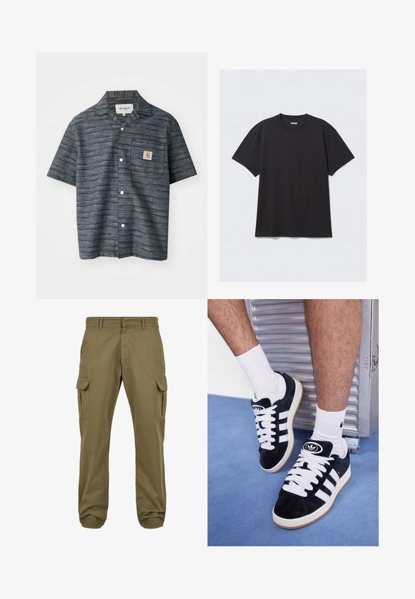 Krátký rukáv košile s knoflíky v tmavě šedé barvě se pruhovaným vzorem, s náprsní kapsou a logem Carhartt.; Černé krátké tričko s krátkým rukávem vyrobené z bavlny. Má kulatý výstřih a volný střih. Jednoduchý design bez viditelných vzorů nebo akcentů.; Zelené cargo kalhoty s rovný fit, bavlněný materiál, boční kapsy a zapínání na knoflík pro funkčnost. Hladká textura, ležérní design.; Černé semišové tenisky s bílými tkaničkami a třemi bílými pruhy. Mají kulatou černou logo na jazyku a gumovou podrážku.