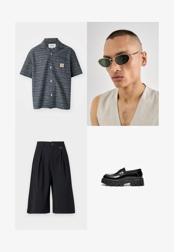Kortærmet skjorte med knapper i mørkegrå farve med et stribet mønster, der har en brystlomme og Carhartt-logo patch.; Sorte stribede shorts med plisseringer, knaplukning og metalringdetalje. Glat stof med en skræddersyet pasform og design i knælængde.; Sorte læder loafers med kraftig gummisål, dekorativ strop over vristen og kontrasterende hvid syning. Glat tekstur med rund tå.; Guldindfattede solbriller med ovale sorte linser. Har tynde stænger og et minimalistisk design. Indfatningen har subtile detaljer og en poleret finish.; Brun silketie med en diagonal stribet struktur, spidse ender og glat overflade, designet til formelle eller professionelle anledninger.
