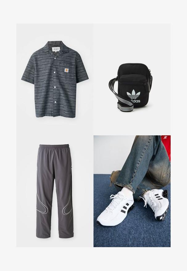 Srajca s kratkimi rokavi v temno sivi barvi z črtastim vzorcem, ki ima žep na prsih in oznako Carhartt.; Moške sive športne hlače z elastičnim pasom, žepi z zadrgo in odsevni belimi detajli ob straneh. Lahke, gladke teksture.; Bele atletike iz mrežaste tkanine bele barve z črnimi detajli, ki imajo teksturiran vzorec in poseben podplat, v kombinaciji z modrimi kavbojkami.; Črna tkaninska torbica čez ramo z zadrgo, ki vsebuje belo Adidasovo logo in pridelano naramnico z več črtami za enostavno nošenje.