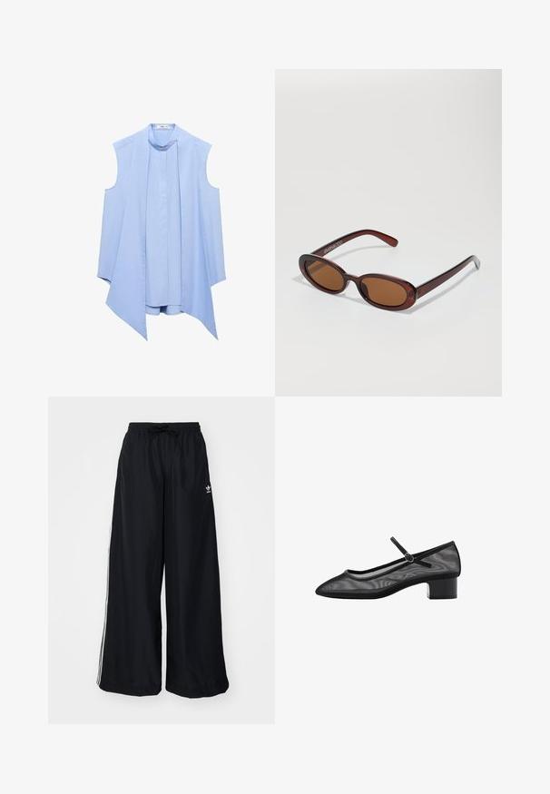 Vaaleansininen hihaton pusero, jossa on pystyskaulus, laskostettu etuosa ja virtaava, epäsymmetrinen helma. Sujuva kangaslaatu.; Mustat leveät housut, jotka on valmistettu kevyestä kankaasta. Varustettu joustavalla vyötärökaistalla, jossa on kiristysnauha, ja valkoisilla sivusuunnilla. Brändin logo lantiossa.; Musta verkkokenkä, jossa on terävä kärki, pieni tukikorko ja hihna yksityiskohtana nilkan ympäri. Ominaisuuksina sileä pinta ja minimalistinen muotoilu.; Pyöreät, ruskehtavat aurinkolasit, joissa on kiiltävä burgundinpunainen runko. Kapeat sivut, joissa on hienovarainen brändäys. Litteät linssit.; Sarjan kahdeksasta metallikorusta, joissa on hopean ja kullan sävyjä. Mukana on erilaisia renkaiden tyylejä, tekstuureja ja viimeistelyjä, järjestetty koon mukaan.