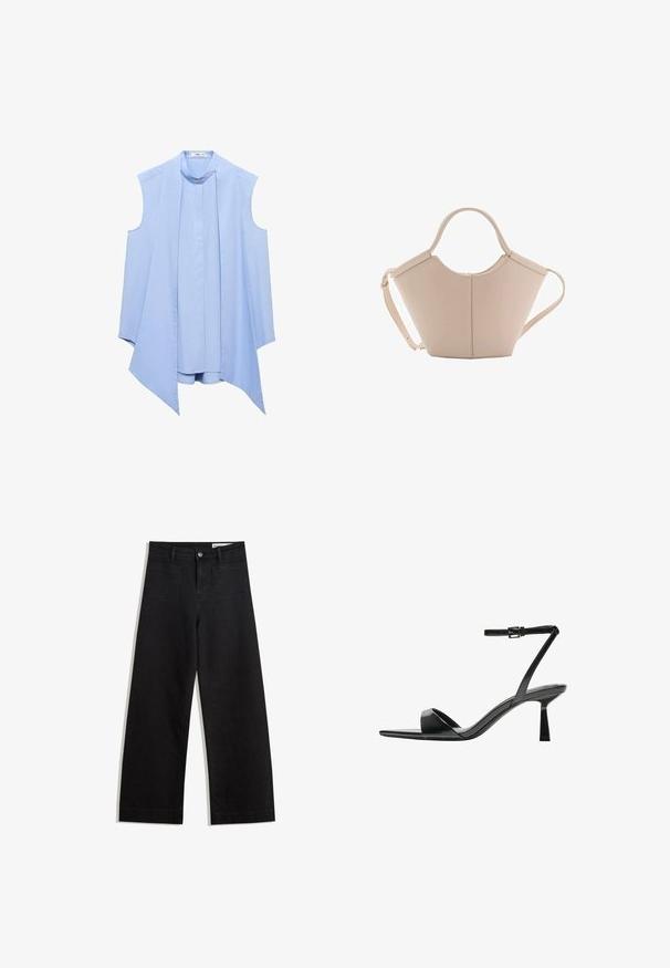 Lichtblauwe mouwloze blouse met een hoge kraag, voorzien van een geplooide voorkant en een vloeiende, asymmetrische zoom. Glad stofoppervlak.; Zwarte denim broek met wijde pijpen en een hoge taille, voorzien van voor- en achterzakken, gestikte naden en een knoopsluiting. Gladde textuur.; Bershka Sandalen met hoge hak - black; Beige leren handtas met een unieke vorm, voorzien van twee korte handvatten en een lange verstelbare schouderriem. Glad oppervlak met minimale hardware.