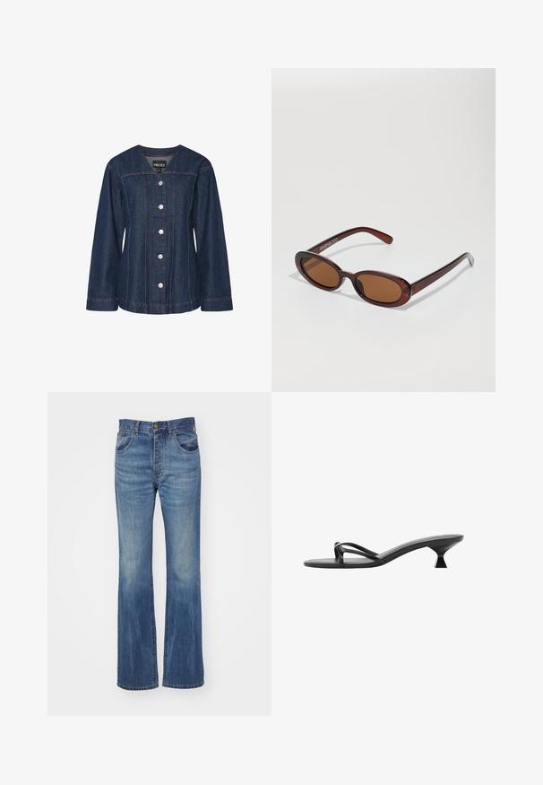 Giacca di jeans in tessuto blu scuro, con bottoni argentati e cuciture rosse. Presenta un collo rotondo e maniche lunghe con una vestibilità rilassata.; Jeans in denim blu a zampa d'elefante con lavaggio medio, caratterizzati da una vita alta, passanti per cintura e tasche anteriori. Texture liscia con minimale usura.; Sandali neri con tacco caratterizzati da un design elegante, cinturini sottili e un tacco triangolare unico. Texture liscia con un aspetto minimalista.; Occhiali da sole rotondi con tonalità marrone, montatura lucida color bordeaux. Aste sottili con un sottile dettaglio del marchio. Design delle lenti piatte.