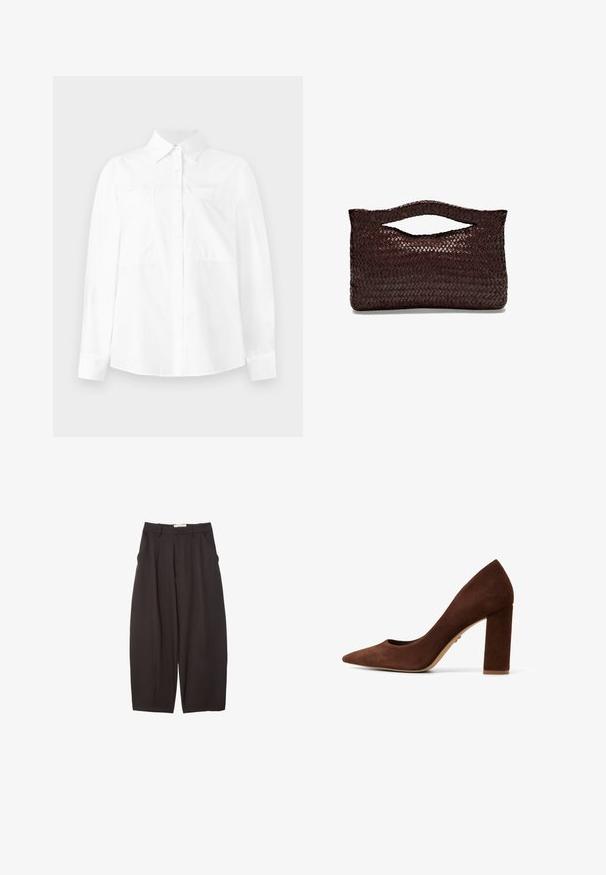 Weißes Langarmhemd mit Button-Down-Kragen, zwei Brusttaschen und geradem Schnitt. Hergestellt aus leichtem Stoff mit einer glatten Textur.; Weißes, eng anliegendes Cropped-Top mit quadratischem Ausschnitt und schmalen Trägern, getragen zu hochgeschnittenen schwarzen Jeans. Glattes, dehnbares Material.; Schwarze weit geschnittene Hosen aus einem glatten Stoff, mit hoher Taille, Frontfalten und Seitentaschen. Schlichtes Design ohne Verzierungen.; Braune Wildleder-Pumps mit spitzer Zehe und breitem Blockabsatz. Glatte Oberfläche und minimalistisches Design. Keine sichtbaren Beschläge oder Muster.; Braune geflochtene Lederhandtasche mit einem abgerundeten Obergriff und einer offenen Silhouette, die eine strukturierte Oberfläche und ein schlankes, minimalistisches Design aufweist.