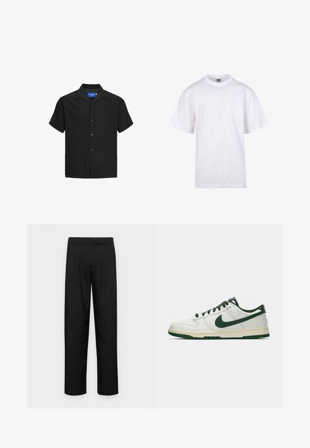 Kortermet svart skjorte med krage, laget av teksturert stoff, med knappestolpe foran og rett kant. Logoetikett inne i nakken.; Hvit bomulls t-skjorte med rund hals, korte ermer og avslappet passform. Har et ensfarget design uten mønstre eller detaljer.; Sorte bukser laget av glatt stoff, med rette ben, to frontfoldninger og standard liv med beltehemper.; Hvit lav sneaker med mørkegrønn Nike swoosh, snøring og såleakkenter, vist i profil mot en enkel hvit bakgrunn.