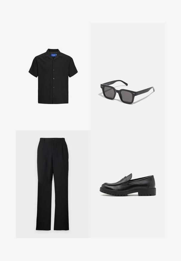 Schwarzes Kurzarmhemd mit Kragen, aus strukturiertem Stoff, mit einer Knopfleiste vorne und geradem Saum. Logostickerei im Nacken.; Only & Sons ONSJEREMY LOOSE PANT - Stoffhose - black; Schwarze Lederloafers mit runder Zehenform, eleganter Schlupfdesign und dicker Gummisohle mit strukturiertem Griff. Erhöhter Absatz und dezente Nähdetails.; Schwarze rechteckige Sonnenbrillen mit dunklen Gläsern, die einen dicken Rahmen, subtile Akzente an den Seiten und keine sichtbaren Logos außer dem Markennamen aufweisen.; Casio Quarz-Armbanduhr mit schwarzem Ziffernblatt, silbernem Edelstahlarmband, großen weißen und roten Ziffern sowie einer wasserfesten Eigenschaft bis zu 200m.