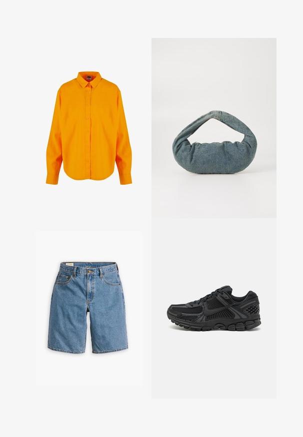 Button-up shirt in bright orange, featuring a classic collar, long sleeves, and a curved hem. Made of lightweight fabric with a smooth texture.; Blue denim shorts featuring a classic five-pocket design, a zip fly with a button closure, and frayed hem edges.; Black athletic shoe featuring mesh upper, rubber sole, and textured accents. Design includes pronounced lacing system and cushioned sole.; Blue denim bag with a padded, rounded shape and a curved handle. The texture is soft, featuring visible stitching and a smooth finish.