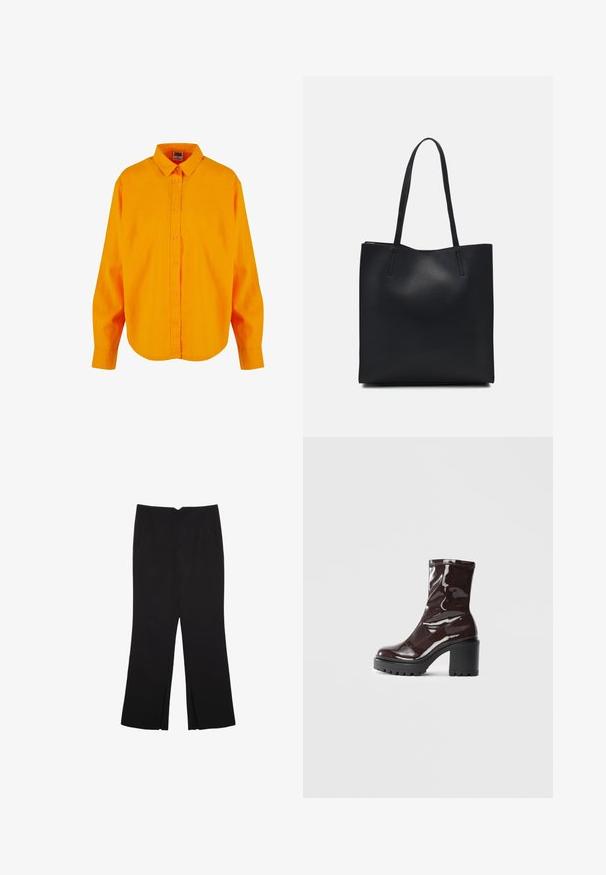 Koszula z guzikami w jasnym pomarańczowym kolorze, z klasycznym kołnierzykiem, długimi rękawami i zaokrąglonym dołem. Wykonana z lekkiego materiału o gładkiej fakturze.; Czarne spodnie o prostym kroju, z przednimi kieszeniami i bocznymi rozcięciami na dole. Wykonane z miękkiego, gładkiego materiału. Odpowiednie na różne okazje.; Błyszczące bordowe botki za kostkę z masywną czarną obcasem, charakteryzujące się gładką teksturą i prostym wzornictwem. Brak widocznych zapięć lub wzorów.; Czarna skórzana torba tote o gładkiej fakturze, prostokątnym kształcie i dwóch długich uchwytach. Brak widocznych elementów metalowych i ozdób.