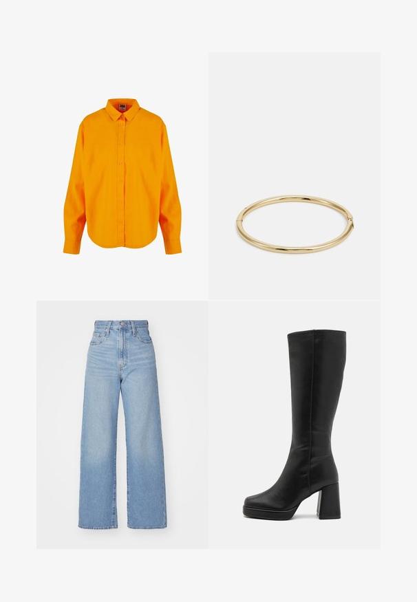 Button-up shirt in bright orange, featuring a classic collar, long sleeves, and a curved hem. Made of lightweight fabric with a smooth texture.; Light blue high-waist wide-leg jeans with front button and zip closure, front and back pockets, on a white background.; Anna Field High heeled boots - black; Gold bangle bracelet with a smooth, shiny surface, featuring a round shape and a subtle clasp detail.