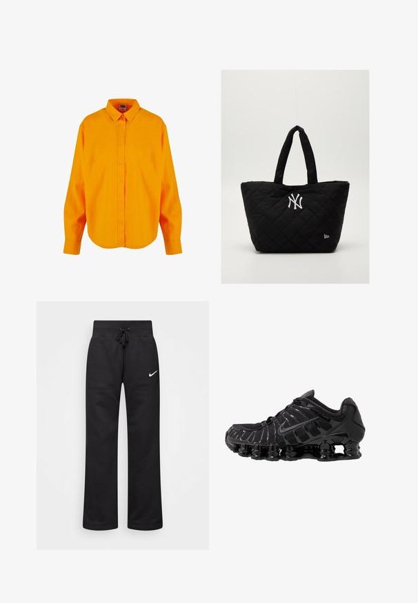 Šviesiai oranžinė marškinė su sagomis, turintys klasikinį apykaklę, ilgomis rankovėmis ir išlenktu kraštu. Pagaminti iš lengvos medžiagos su lygiu paviršiumi.; Juodos medvilnės blend'o treninginės kelnės su raišteliu juosmens srityje, tiesiomis kojomis ir baltu Nike logotipu kairėje pusėje.; Juodas sportinis batai su tinklinėmis viršutinėmis dalimis ir blizgiomis detalėmis. Yra kreivai suformuota spyruoklinė amortizacija ir tekstūruoti brūkšniai šone. Matomas Nike logotipas.; Juodai siūtas quilted rankinė su dvigubomis rankenėlėmis, su baltu Niujorko "Yankees" logotipu ir mažyčiu prekės ženklo emblemu šone.