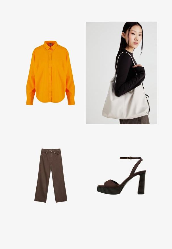 Srajca z gumbi v svetlo oranžni barvi, ki ima klasičen ovratnik, dolge rokave in ukrivljen rob. Narejena iz lahkega materiala z gladko teksturo.; Široke rjave kavbojke iz denima, ki imajo visok pas, sprednje žepe in klasično zapiranje na gumb. Gladka tekstura s subtilnim šivom.; Rjave semiš sandale z visoko peto, odprto spredaj, z nastavljivim gležnjenjem in črtastim podplatom.; Bežna torbica iz mehkega materiala, z ohlapno zasnovo, šivi in dvema naramnicama. Primerna za vsakodnevno uporabo.