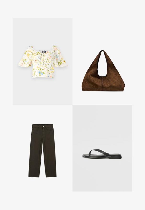 Blumen-Crop-Top mit Puffärmeln, verfügt über einen quadratischen Ausschnitt, aus überwiegend weißem Stoff mit grünen, gelben und blauen Blumenmustern.; Dunkelgrüne Jeans im weit geschnittenen Style, hergestellt aus einem Baumwollgemisch. Sie verfügen über einen Frontknopfverschluss, fünf Taschen und klassische Denim-Nähte.; Schwarze Flip-Flops aus glattem Leder, mit einem dünnen Riemendesign und einer flachen Sohle mit minimalem Profil. Keine bemerkenswerten Muster oder Akzente.; Braune Wildleder-Schultertasche mit offenem Oberteil. Sie verfügt über einen tiefen, breiten Körper, einen ausgeschnittenen Griff und minimale Nähte für ein sauberes Design.