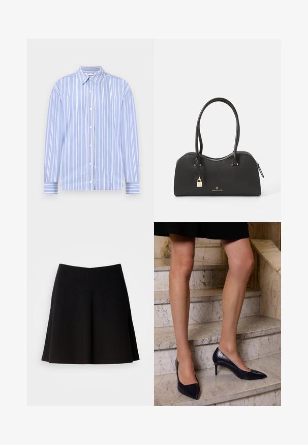 Lichtblauwe overhemdbloes met lange mouwen, witte verticale strepen, button-down kraag en knoopsluiting aan de voorkant; gladde stof met een gestructureerd ontwerp.; Zwarte klokrok van zacht stof, met een strakke tailleband en naaddetails. Glad textuur met een eenvoudig, klassiek ontwerp.; Navyblauwe hoge hakken met een spitse neus, met een gladde en gestructureerde afwerking die lijkt op krokodillenleer.; Zwarte handtas van gestructureerd synthetisch materiaal met een gebogen ontwerp, gouden hardware, twee handvatten en een afneembare lockaccent.