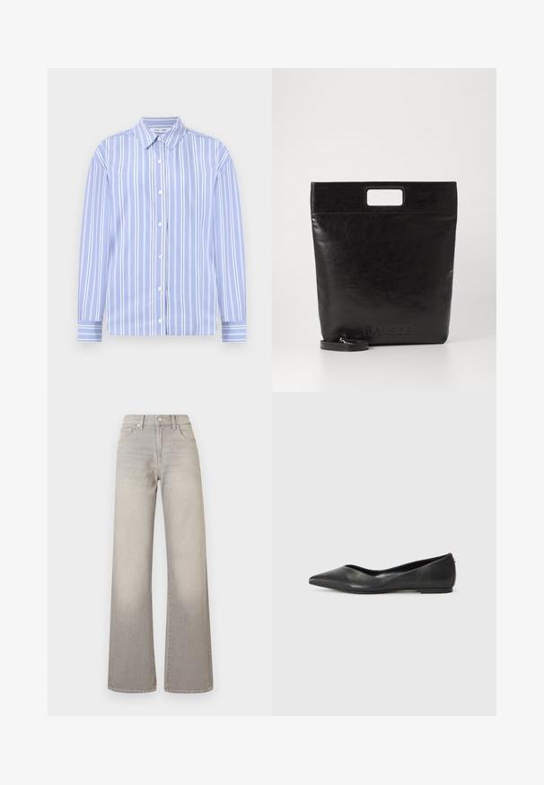 Helles blaues Langarmhemd mit weißen, vertikalen Streifen, Button-Down-Kragen und vorderem Knopfverschluss; glattes Gewebe mit strukturiertem Design.; Graue weit geschnittene Jeans mit einem verblassten Finish, Knopfverschluss, fünf Taschen und gestickten Details entlang der Nähte.; Schwarze Leder-Ballerinas mit spitzem Zehenbereich, niedrigem Absatz und glatter Textur. Minimalistisches Design mit einem dezenten seitlichen Akzent.; Schwarze Leder-Tote-Tasche mit einem quadratischen Griff, ausgestattet mit einer strukturierten Oberfläche und geprägtem Logo. Inklusive abnehmbarem Tragegurt.