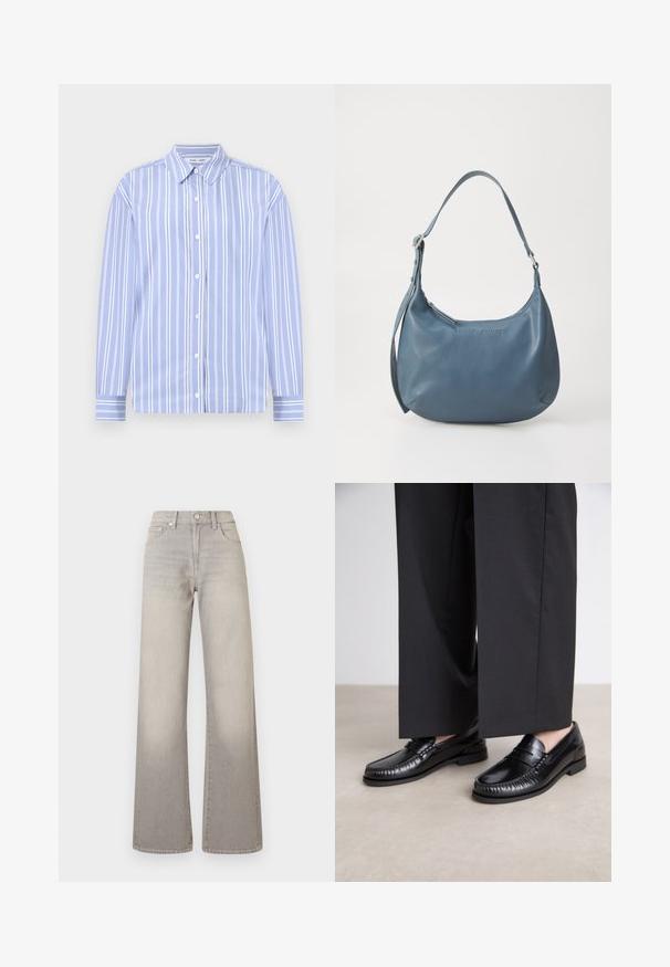 Lyseblå langermet skjorte med hvite vertikale striper, regulerbar krage og knappelukking foran; glatt stoff med strukturert design.; Grå vide ben jeans med en falmet finish, knaplukning, fem-lomme design og stikninger langs sømmen.; Sorte skinnloafere med en glatt overflate, sydd detaljer rundt tåen, og en lav gummisåle. Kombinert med vide svarte bukser.; Blå lærveske med rund form, enkel skulderreim, glidelås-lukking og preget merkenavn på forsiden. Glatt tekstur.